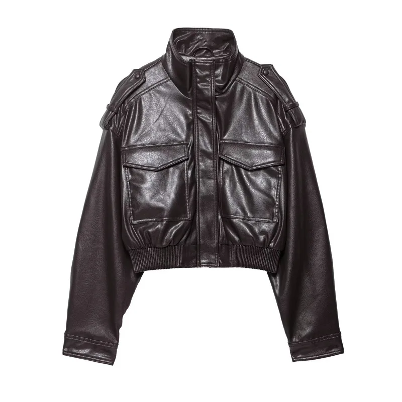 KAOPU ZA Podzimní 2025 Nová módní ležérní kožená bunda s dlouhým rukávem a stojáčkem, dámská svrchní oděv z polyesteru, zip, střední gramáže - náhled 5