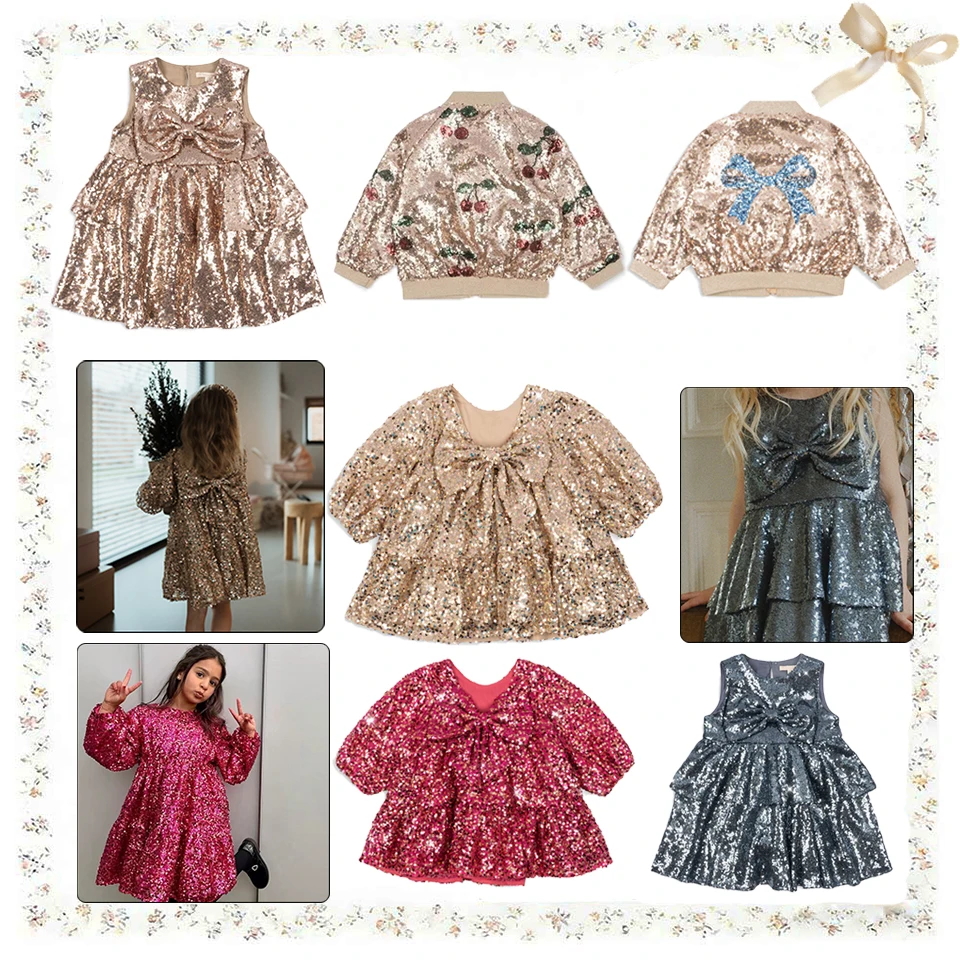 

Комплект из платья и юбки KS Brand с пайетками и вишневым принтом для женщин, весна-осень, с большим бантом, для девочек, на день рождения, в стиле принцессы