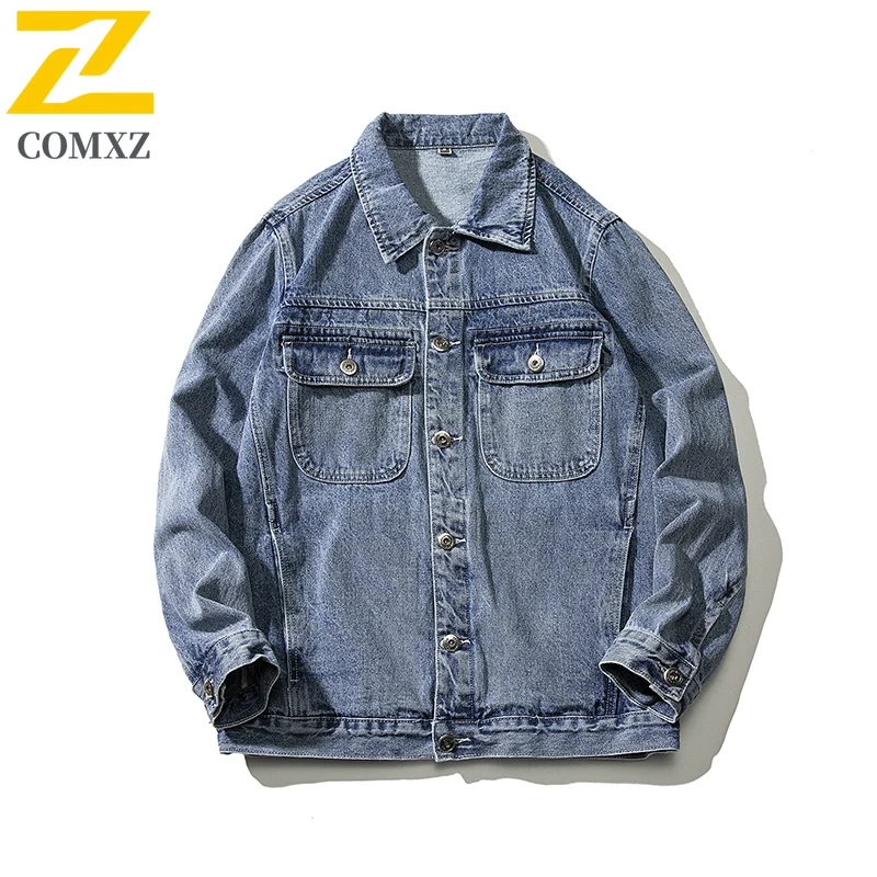 New Vintage Denim Jacket Men Trendy Loose Plus Size Turndown Collar Jackets Outdoor Adventure Streetwear Windproof Outerwear
