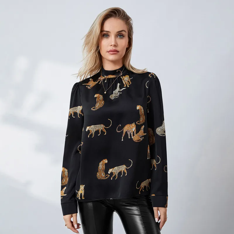 Women Fashion Vintage Printed T-shirts Elegant Long Sleeve Mock Neck Leopard Print Pullover Woman Clothing