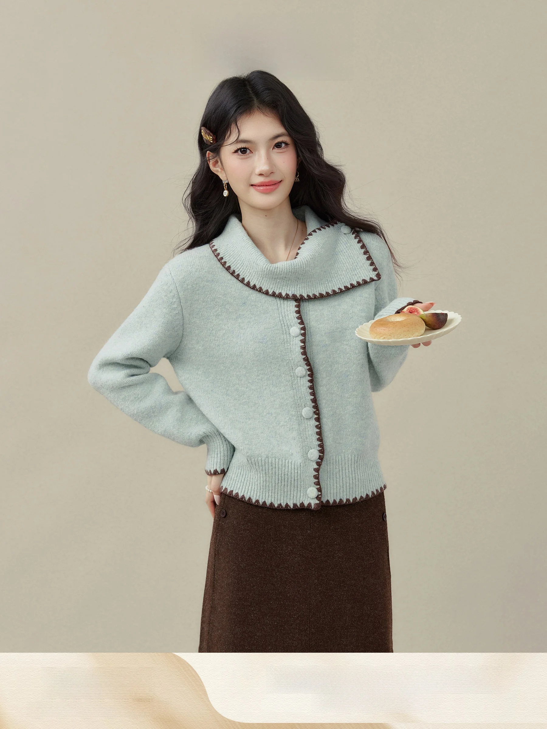 

Blue Scarf Collar Knitted Sweater Coat Women's Autumn Winter f High Collar Knit Open Cardigan Top by Wang OuXin