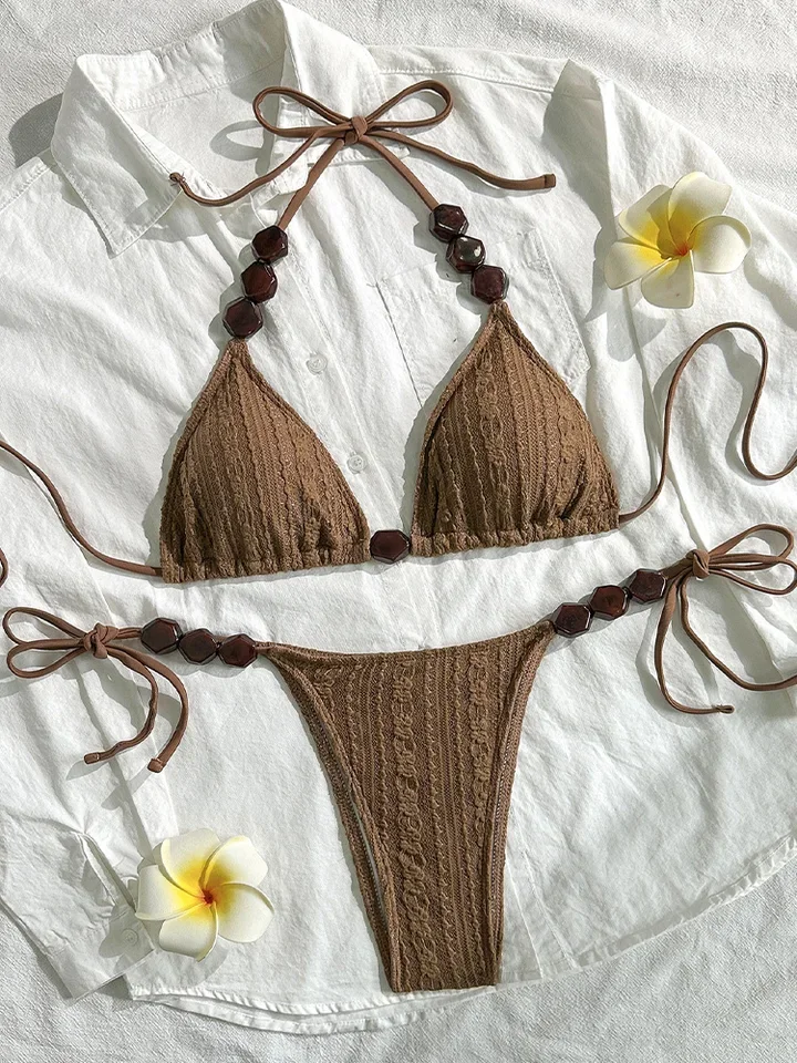 Vzvn Sexy Solid Laced Up Backless Bikini Women Split Swimsuit Beach Vacation Bikini 2026 New All Season Bikinis 2 Piece Set