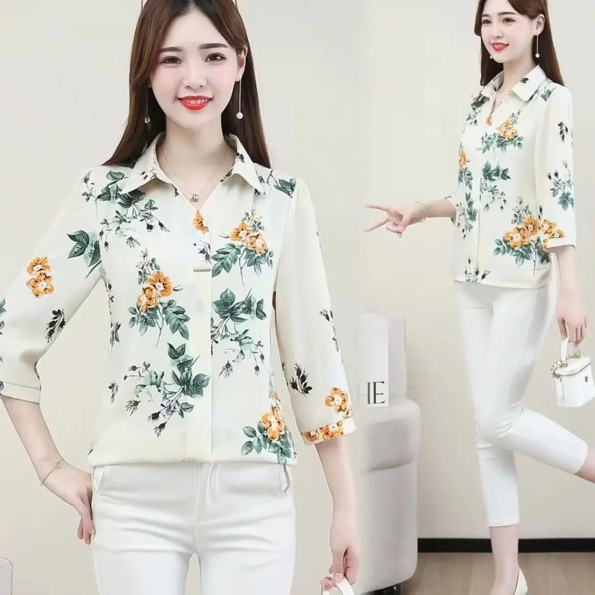 

Office Lady Fashion Floral Shirts Korean Clothing Summer Women New Pullovers Elegant Big Size V-Neck Loose Casual Chic Blouses