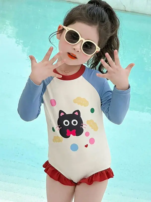 2025 Summer New Princ Swimsuit for Girls Baby Swimming Costume Cute One-Piece Long Sve round Ne Sweet Sle Ladies Suit