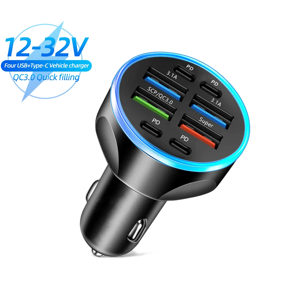 66W 8Ports Car Charger Fast Charging PD QC3.0 USB C Auto Phone Charger Adapter in Car For iPhone Samsung Huawei Xiaomi