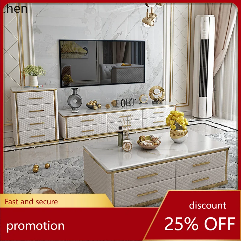 

YFY TV Cabinet and Coffee Table Set for Living Room, Marble Minimalist TV Cabinet with Soft Cover