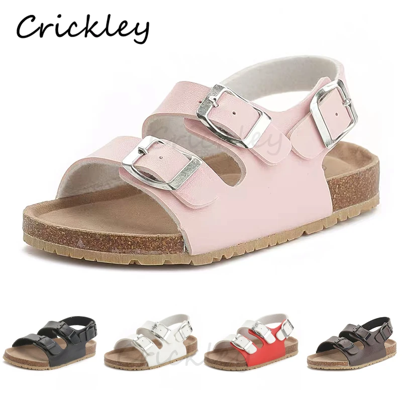 Summer Kids Sandals Cartoon PU Printing Leather Flat Heels Boys Cork Sandals for Girl Kids Toddler Buckle Strap Beach Slipper