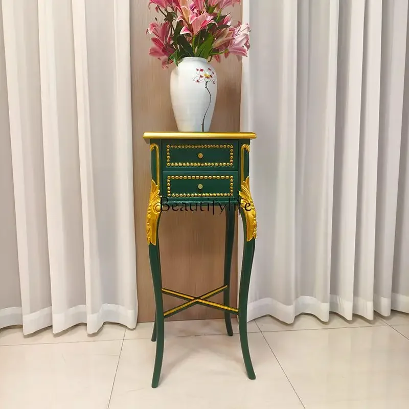 yj19 Rak Bunga Kayu Solid Gaya Prancis dengan Ukiran, Rak Pot Bunga Lantai