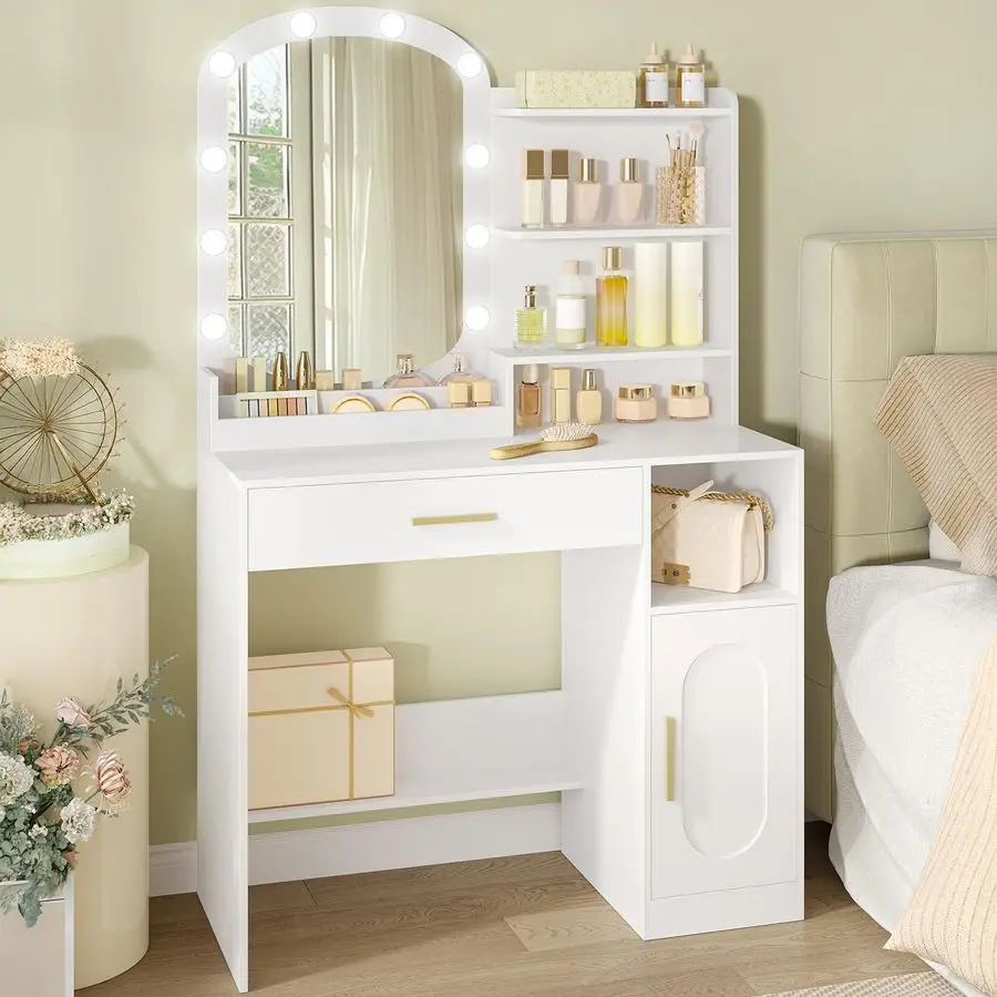 Table with Oval Mirror, Dressing Table with LED Lights, Adjustable Brightness, Vanity Desk with Drawer, Cabinet and Open Compar
