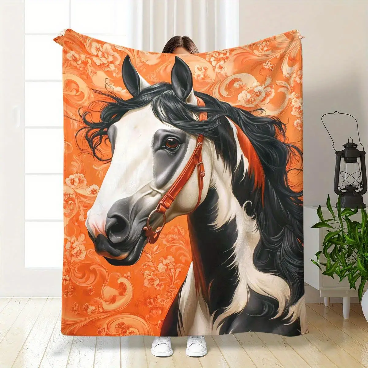 Painted Horse with Orange Pattern Fleece Blanket Equestrian Design Soft Warm Throw Boho Interior Decoration Bedding Cover50x60