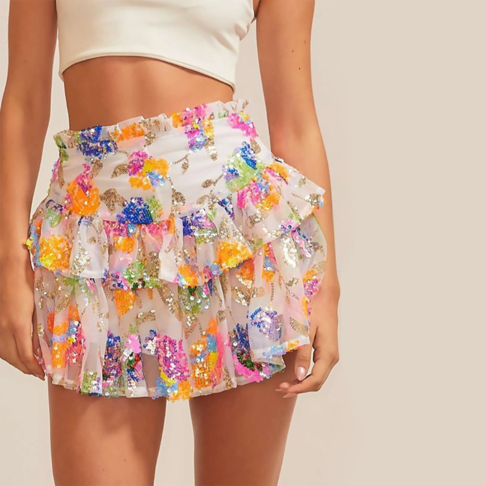 Women Sequins A-Line Skirts Sequined Bling Ruffles Tired Elastic Waist Mini Layer Y2K Skirts Party Club Streetwear