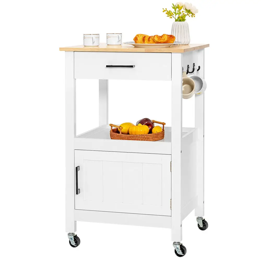 Costway Rolling Kitchen Island Cart on Wheels Bar Serving Trolley w/Drawer Cabinet White