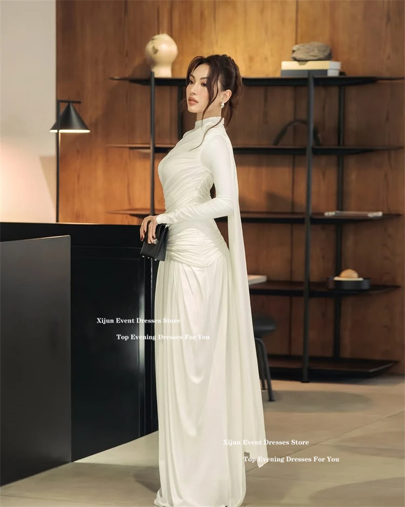 Xijun Ivory Crepe Long Evening Dresses Pleated Saudi Arabia Full Sleeves Formal Prom Dresses High Collar Prom Gowns Customized image 4
