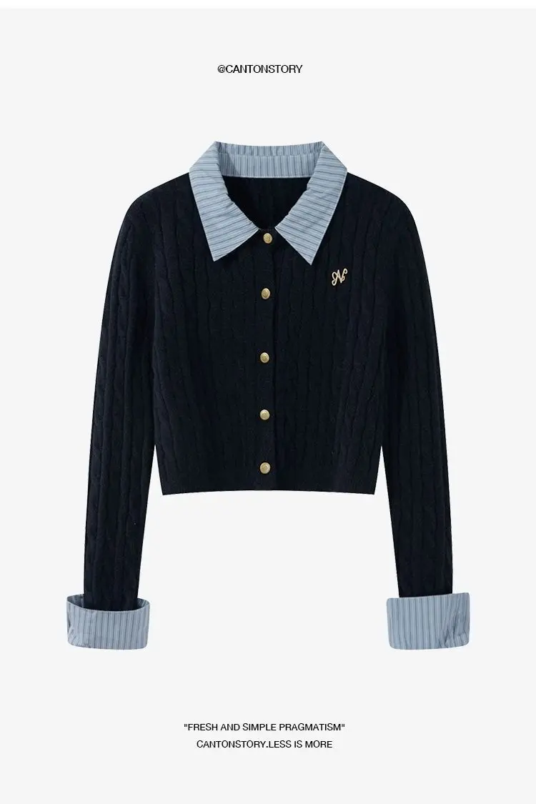 Grey Fake Two-Piece Spliced Polo Collar Long Sleeved Knitted Sweater for Women Autumn Winter College Style Short Outwear Top