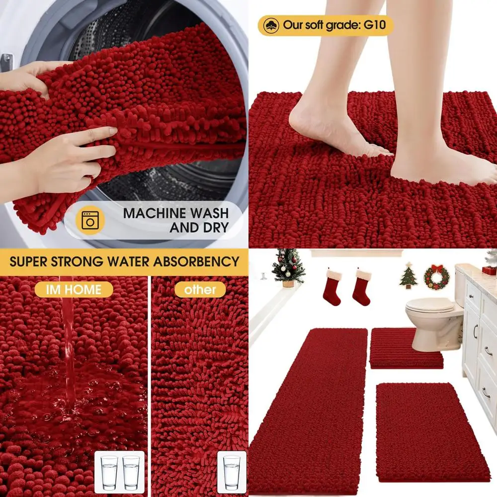 

Luxury 3-Piece Red Bathroom Rug Set: Plush, Thick, and Non-Slip for Bath, Bedroom, Kitchen
