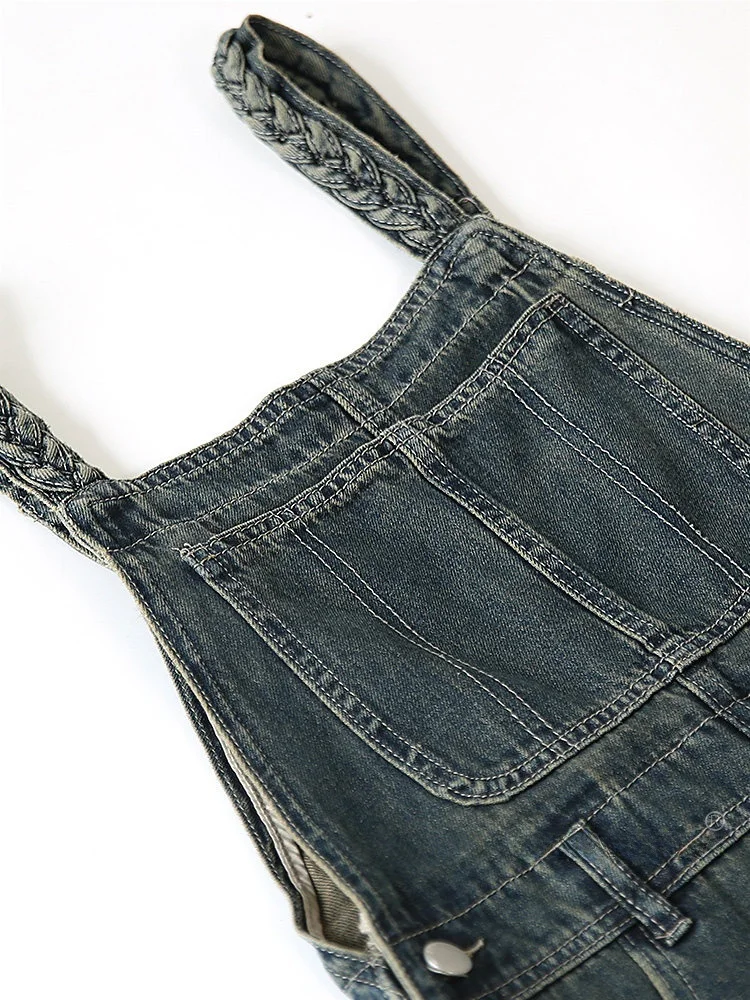 Loose Twisted Strap Denim Overalls Casual American Retro Student Long Pants High Waist Multi-Pocket Wear-Resistant Blue Jeans