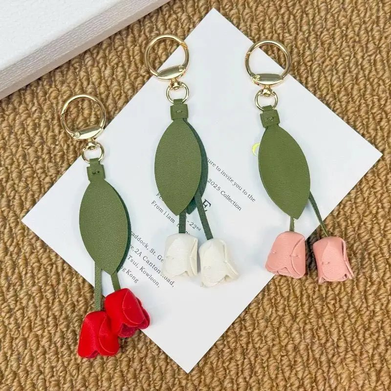 Korean Style Tulip Car Key Chain Soft PU Leather Bag Pendant with Floral Lanyard Trendy Accessory for Women Daily Wear