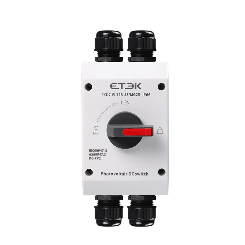 Impermeável Fotovoltaica Solar DC Isolamento Interruptor, PV ao ar livre, 4P, 1000V, 32A, UKPM, punho giratório, IP66, EKD7