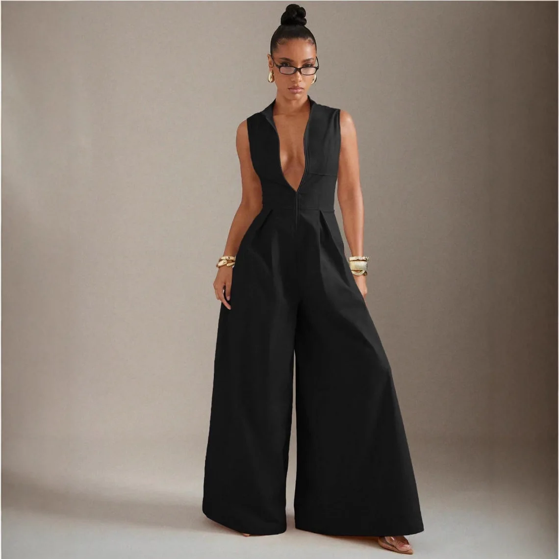 

Платье с высокой талией на молнии, облегающее, без рукавов, модное, для повседневной носки, с длинными брюками, прямого кроя, ультратонкое, из полиэстера