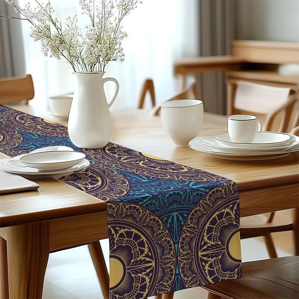 1 Stück Tischläufer mit Türkisblau und goldenem Mandala-Aufdruck – Esstischdekoration, Tischläufer mit Baum des Lebens