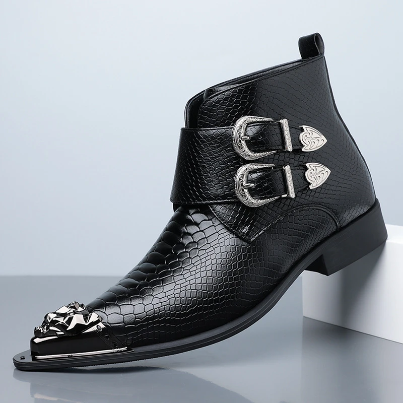Botas Chelsea informales de gran tamaño para hombre, para fiestas y banquetes, en cuero suave negro y rojo, estilo cowboy, para primavera y otoño, con punta metálica, botines.