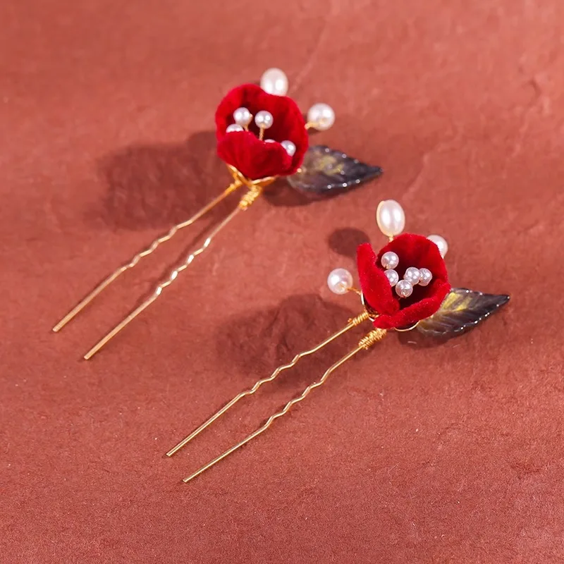 

Chinese Red Flower Hairpins Hair Clips Hair Stick Set Bridal Headpieces Wedding Headbands With Long Tassel For Brides Gifts