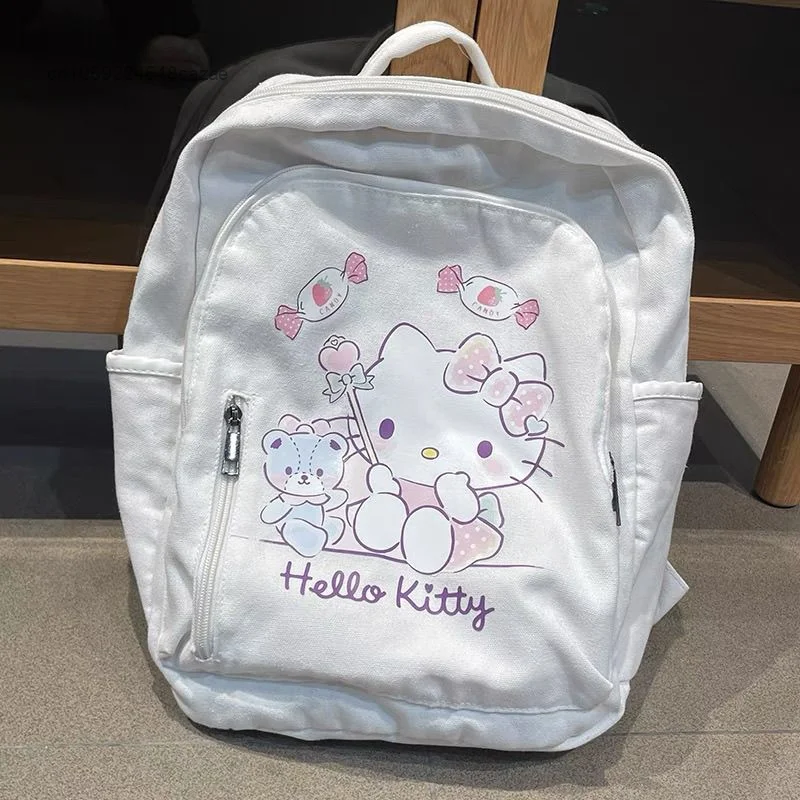 Sanrio Hello Kitty nowy plecak płócienny biały słodki nadruk kreskówkowy podwójne torby na ramię Y2k dziewczyna w stylu College Bag koreańska torba