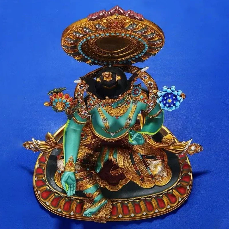 Tibetan-Style Green Tara Nepalese Artistic Statue Painted Copper Buddha Statue Hand-Chiseled Copper Buddhist ItemX15