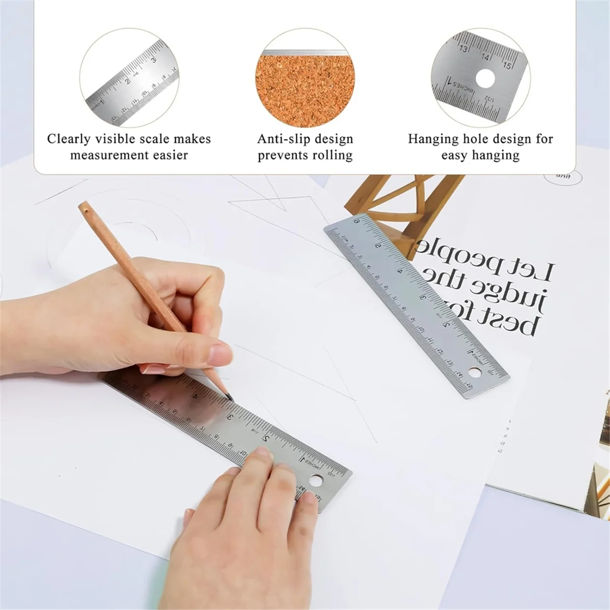 A002 3 Pcs 6-Inch Non-Slip Metal Ruler with Cork Backing Rulers Non Slip Straight Edge Cork Base Rulers for Woodworking