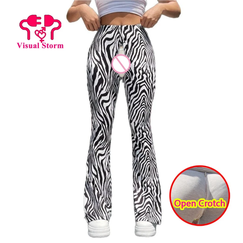 

Striped Printing Women Open Crotch Pants Hidden Zippers Leggings Black White High Rise Sexy Gym Crotchless Push Up Clubwear
