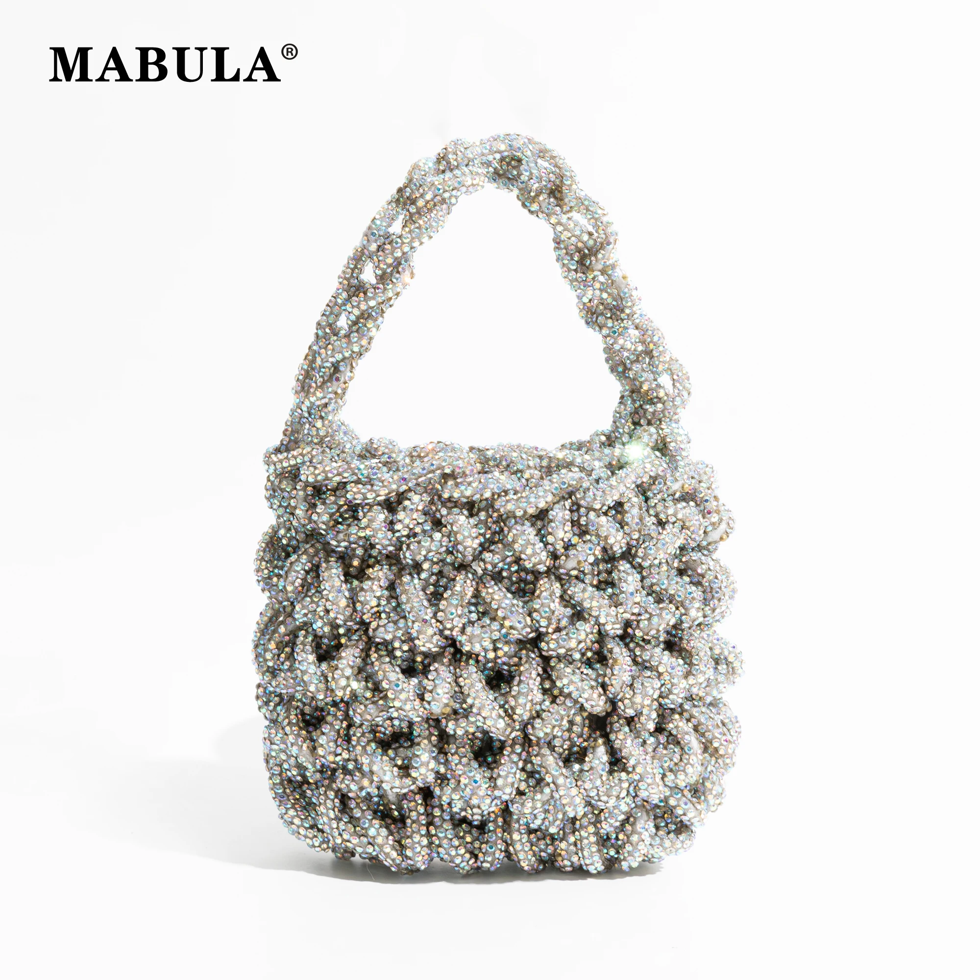 

MABULA Rhinestone Bling Tote Handbag For Woman Diamond Shine Evening Party Top Handle Purse Small Fashion Ladies Bucket Bag