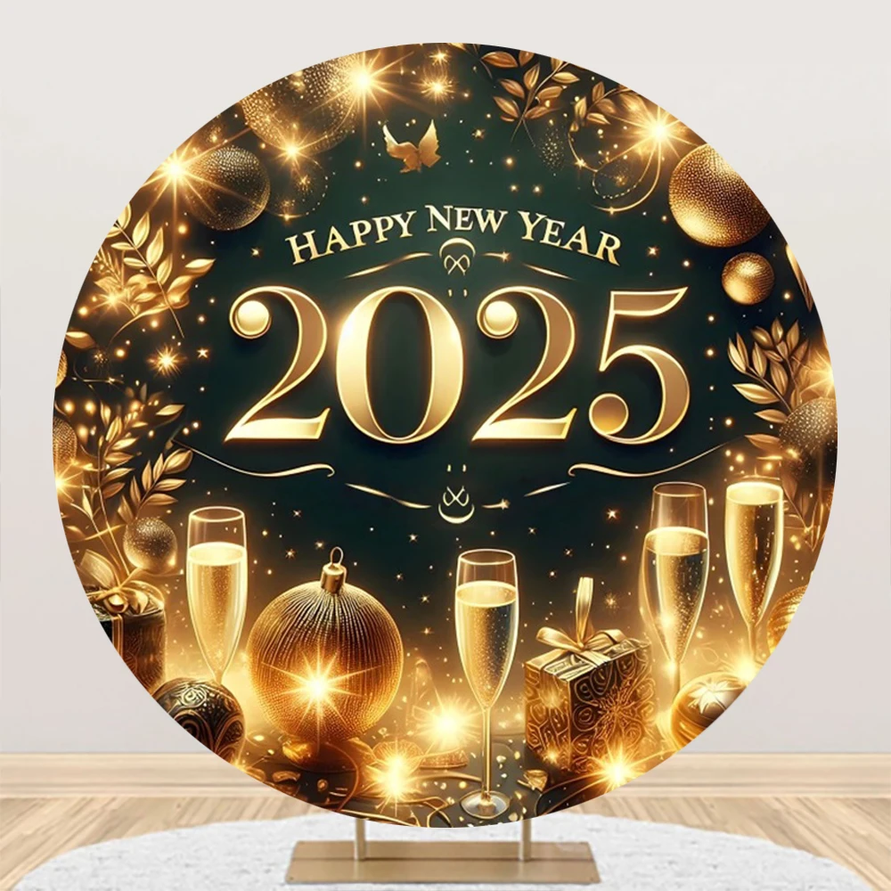 2025 Happy New Year Round Backdrop Cover Clock Firework Gifts Champagne Bell Family Party Circle Photography Background Decor