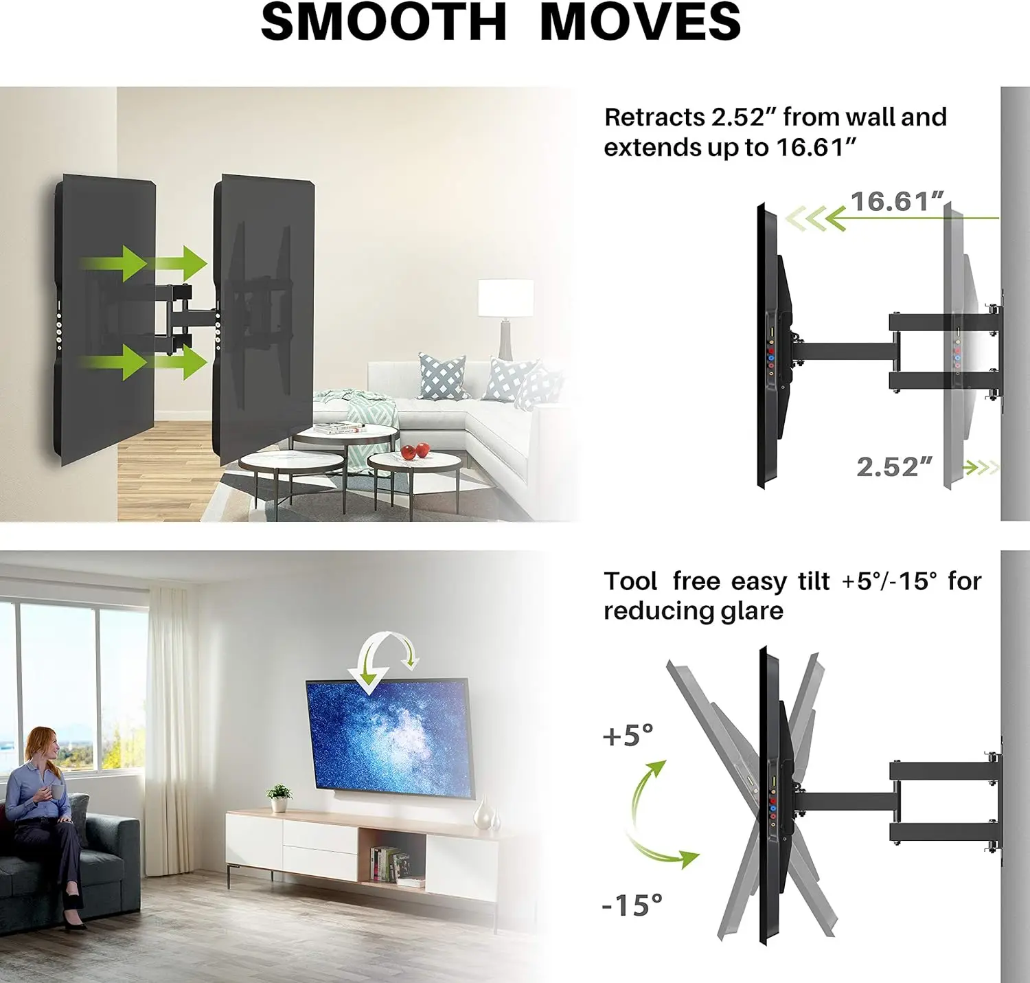 USX-UL Listado Wall Mount para a maioria TV, giro e inclinação, braços articulados duplos para cima, TV Full Motion, 37-86 Polegada TV