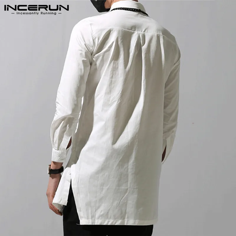 INCERUN Men\'s Irregular Shirt Solid Color Stand Collar Long Sleeve Casual Men Clothing Vintage 2023 Streetwear Long Style Shirts