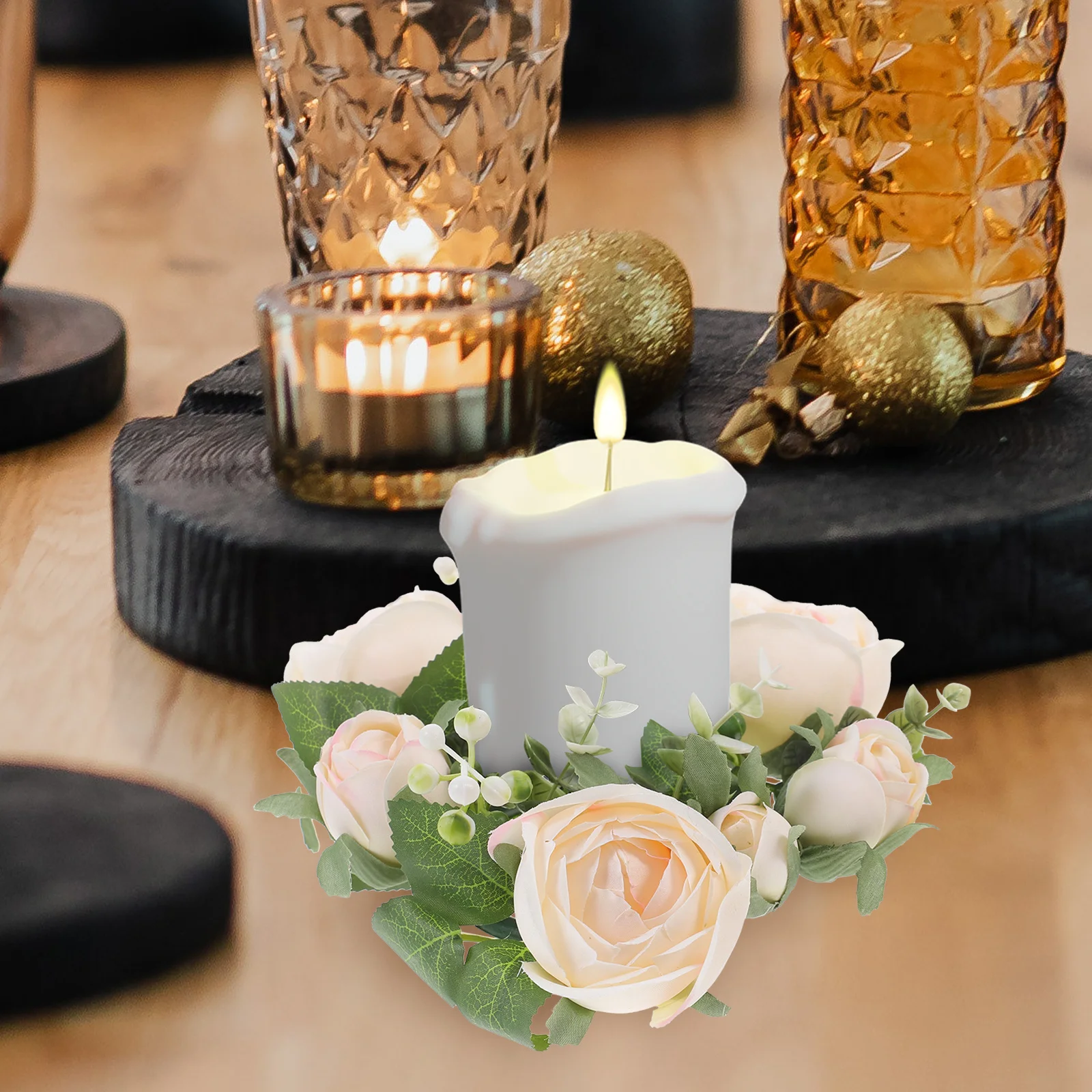 

3Pcs Wreath Ring Set Simulation Silk Leaves Pillar Decor Wedding Party Table Centerpiece Romantic Decoration