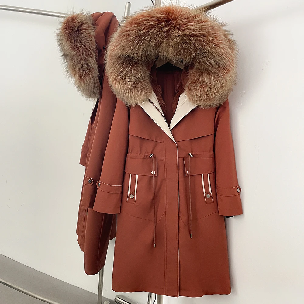 Femmes naturel fourrure de lapin intérieur manteau de fourrure chaud mode nouveau à capuche vraie fourrure de renard imperméable coupe-vent épais Parker longue Parka veste