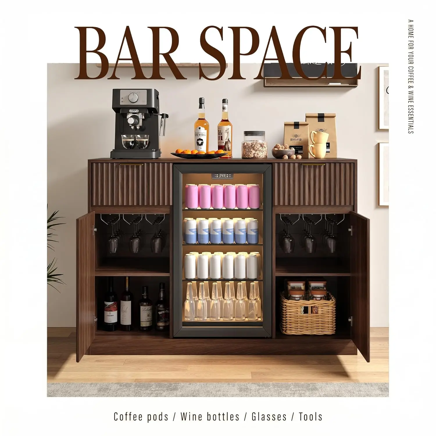 Mini Fridge Cabinet with Power Outlet, Coffee Bar with Wine Glass Rack & Fluted Buffet Sideboard Storage, Custom