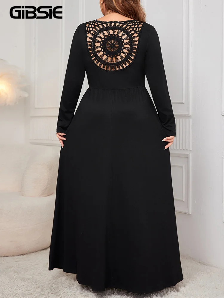 Gibsie Plus Size Rücken aushöhlen langes Kleid Frauen Herbst neue V-Ausschnitt Langarm elastische Taille lässige A-Linie Kleider ohne Gürtel