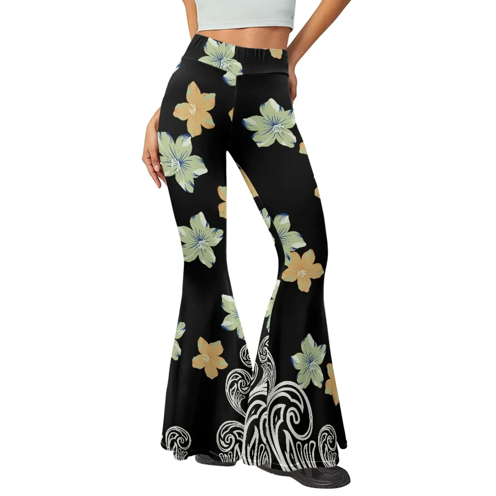 Polynesian Tribal Pohnpei Totem Tattoo Prints Lady Slim-Fit High-Waist Hibiscus Yoga Flared Pants A Birthday Present For A Woman