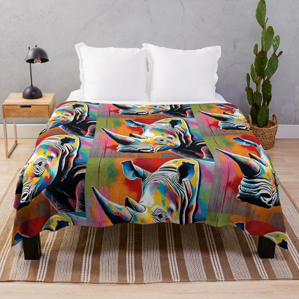 Safari Animal Collection Colorful Rhino Painting Throw Blanket