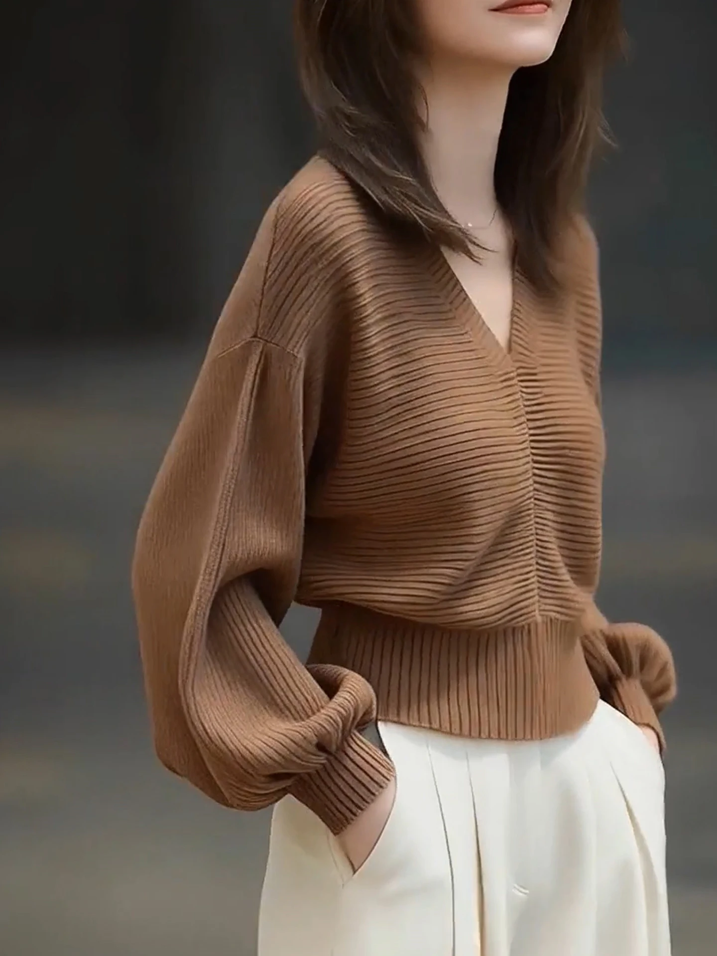 Retro Knitted Sweater Long Sve V-Ne  Color Faionable Winter Top Women's Regular Fit Comfortable Commute Sle