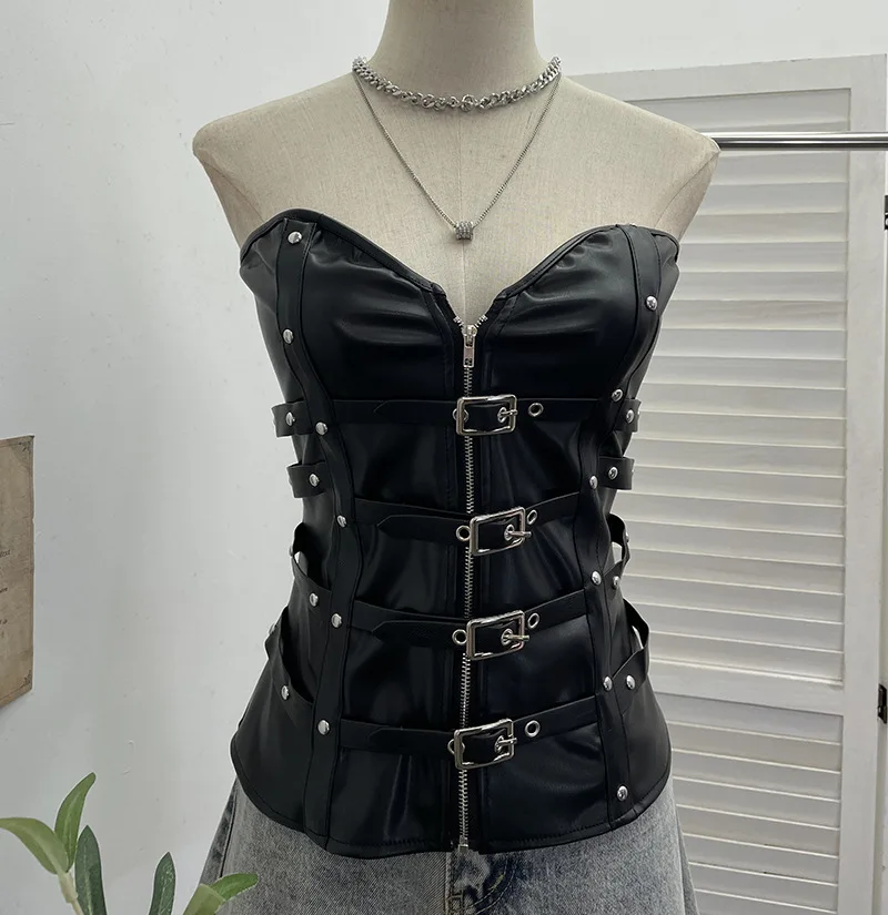 

Sexy Pu Leather Tube Top Buckle Waist Strapless Top for Women
