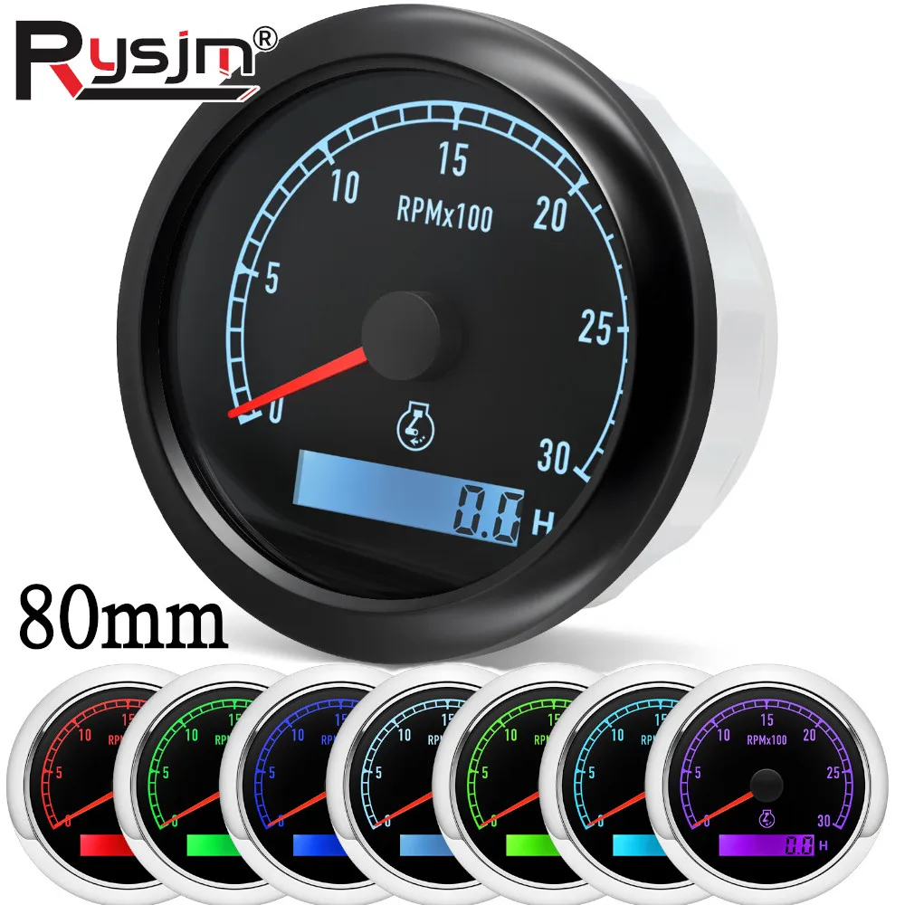Tacómetro de 80 mm, 3000 RPM, 4000 RPM, 6000 RPM, 7000 RPM, 8000 RPM, Medidor de Revoluciones con Horómetro, 7 Colores LED, para Automóvil, Barco, 12 V, 24 V