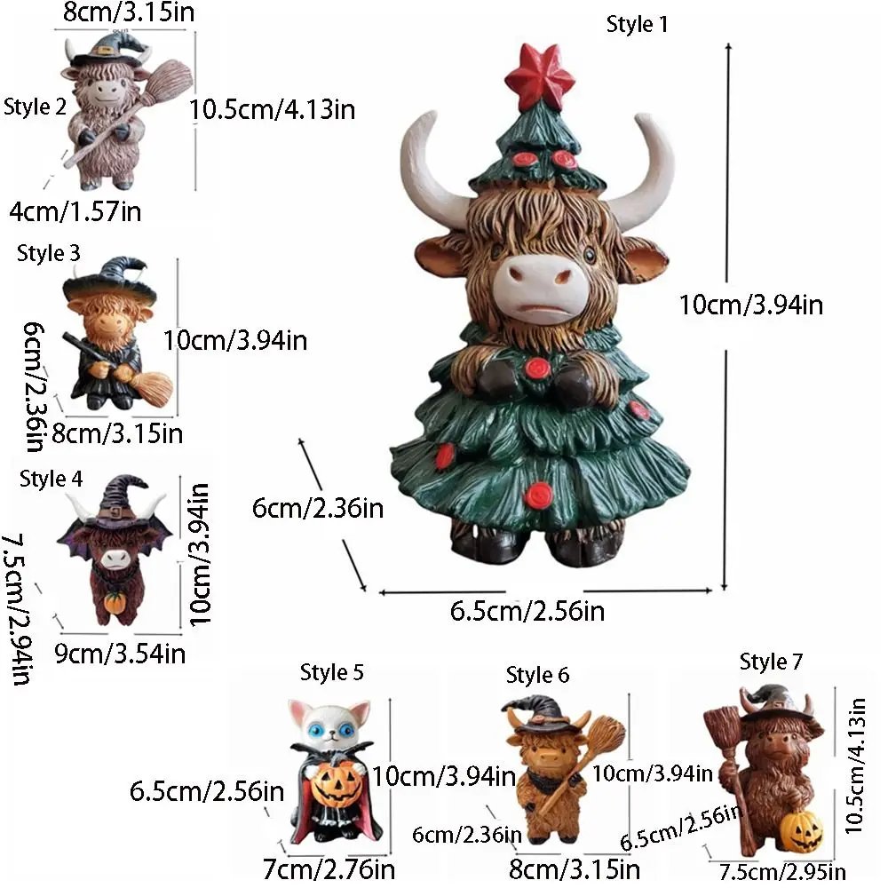 Halloween Tabletop Ornament Resin Christmas Highland Cow Statue Cute Decorative Cow Figurine Funny Animal Sculpture Cabinet