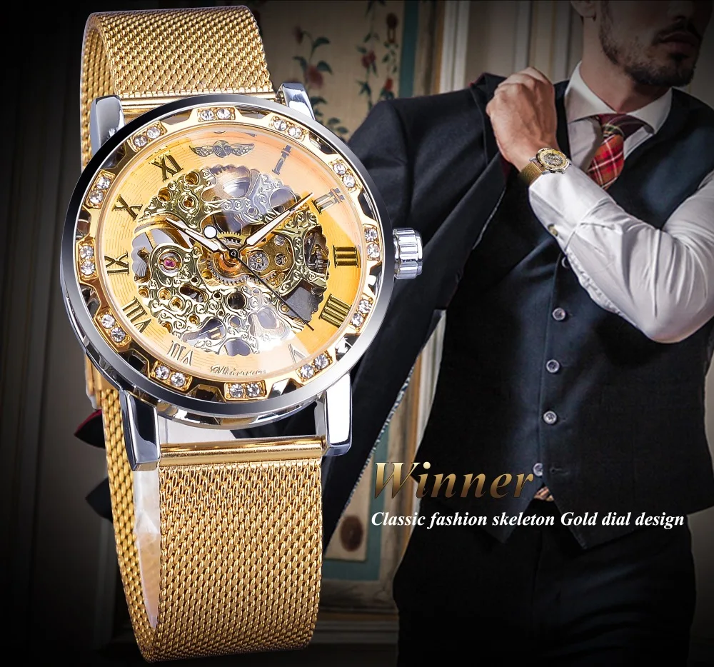 WINNER brand Golden Men mechanical watch skeleton fashion business mesh steel strap watch men and women watch