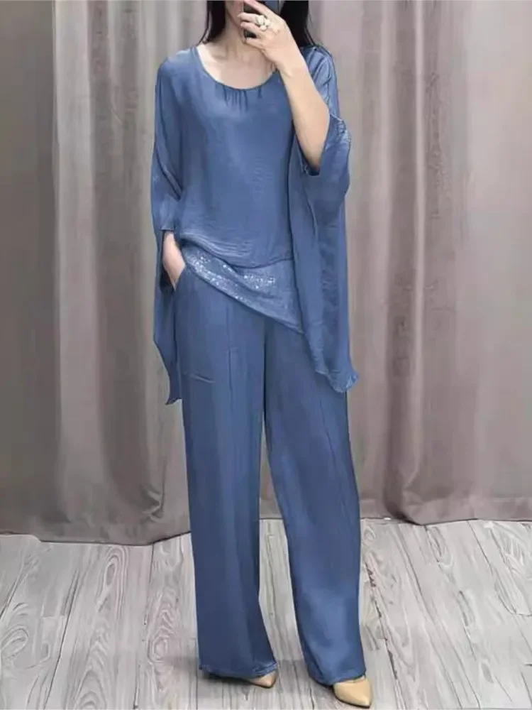 Fashion 2 Piece Set Party Outfits 2024 New Autumn Elegant Women's Suit Casual  Batwing Sleeve Blouse Top with Wide Leg Pants