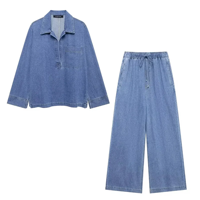 Denim Shirts & Blouses Women 2024 Trend Blue Long Pants Sets For Women 2 Pieces Loose Suit Korean Fashion Long Sleeve Casual Y2k