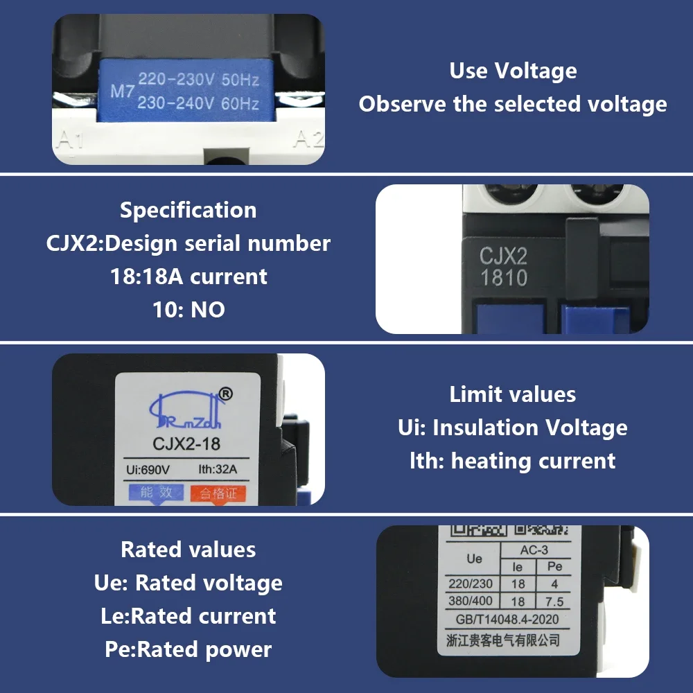 CJX2-1810 LC1 AC Contactor 18A 3 Phase 3-Pole NO Coil Voltage 380V 220V 110V 36V 24V 50/60Hz Din Rail Mounted 3P+1NO Normal Open