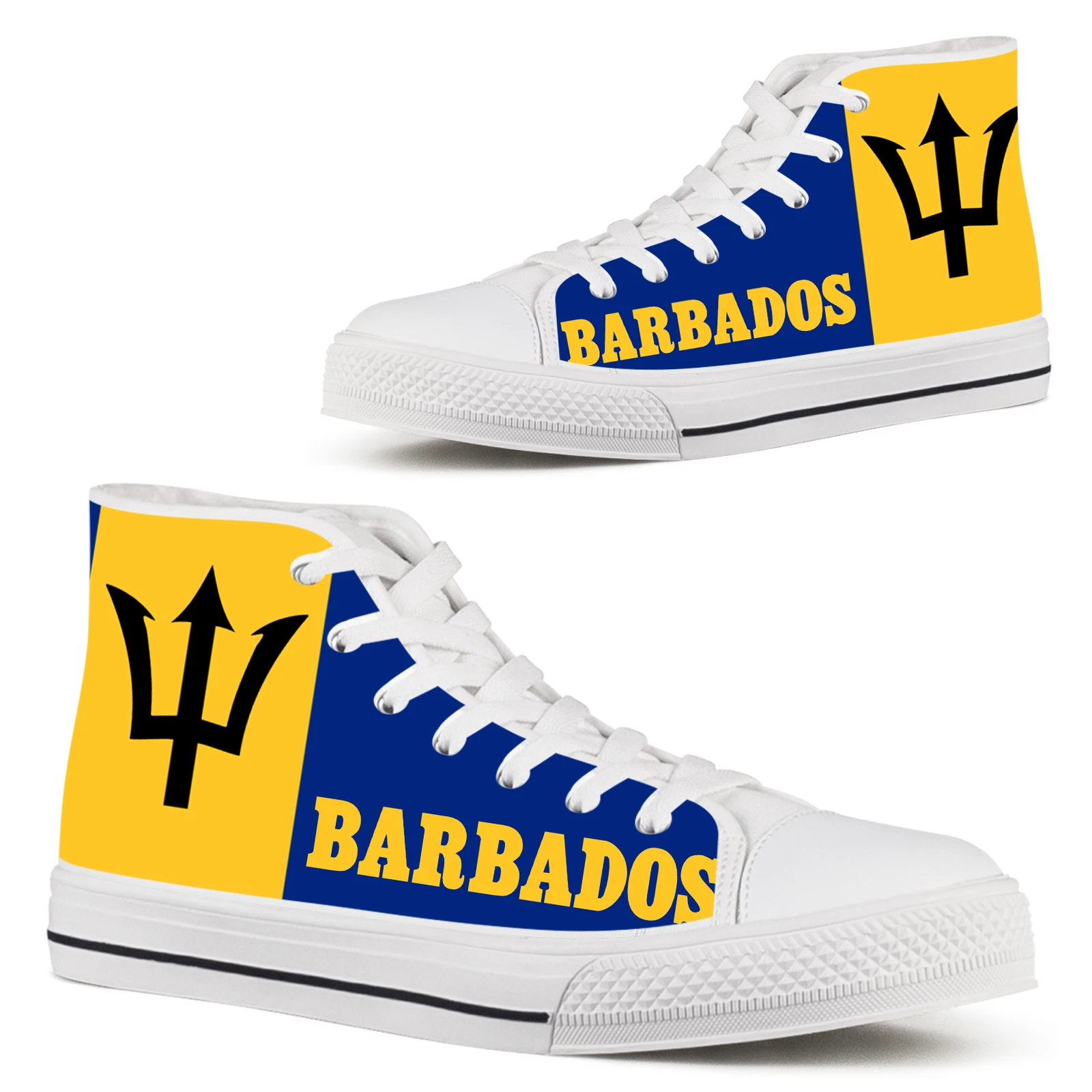 

ELVISWORDS White High Top Women's Shoes Barbados Flag Design Classic Brand Canvas Shoes Teen Sneakers Casual Walking Shoes