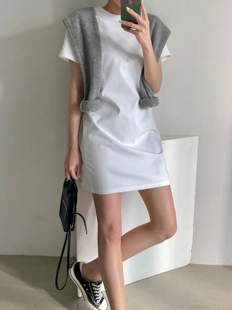 Ele round Ne T-shirt Dr femmes été 2024 nouveau coréen Sle ort Sve jupe blanc Base jupe a-ligne Dr